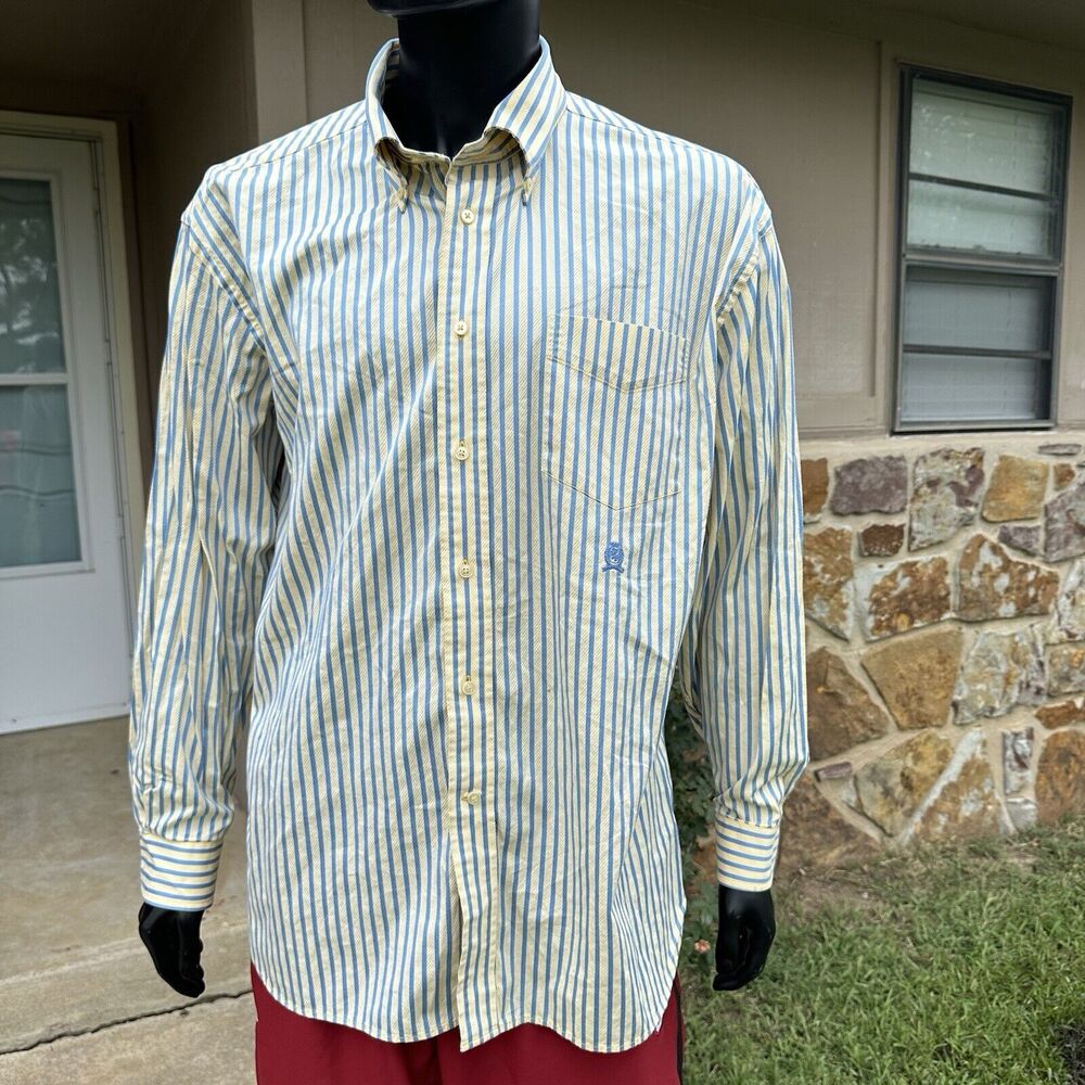 Tommy Hilfiger Shirt Mens XL Yellow Blue‎ Striped 80s 2 Ply Fabric Button Down